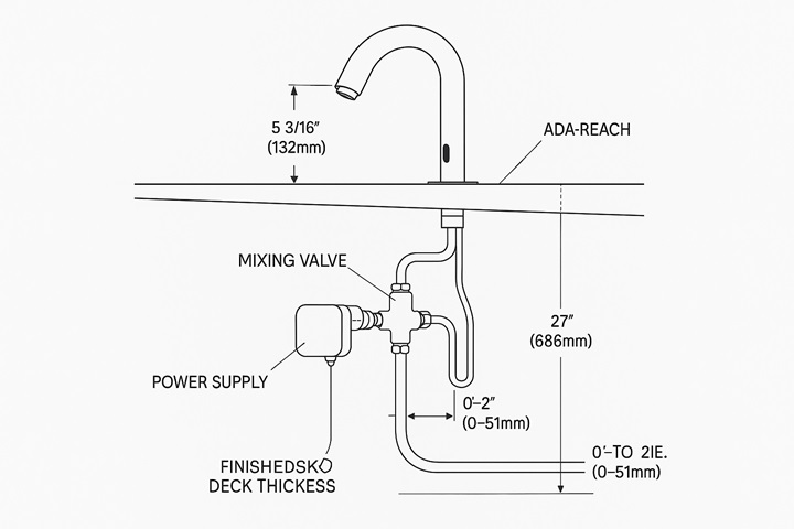 Rough-in diagram for commercial touchless faucet